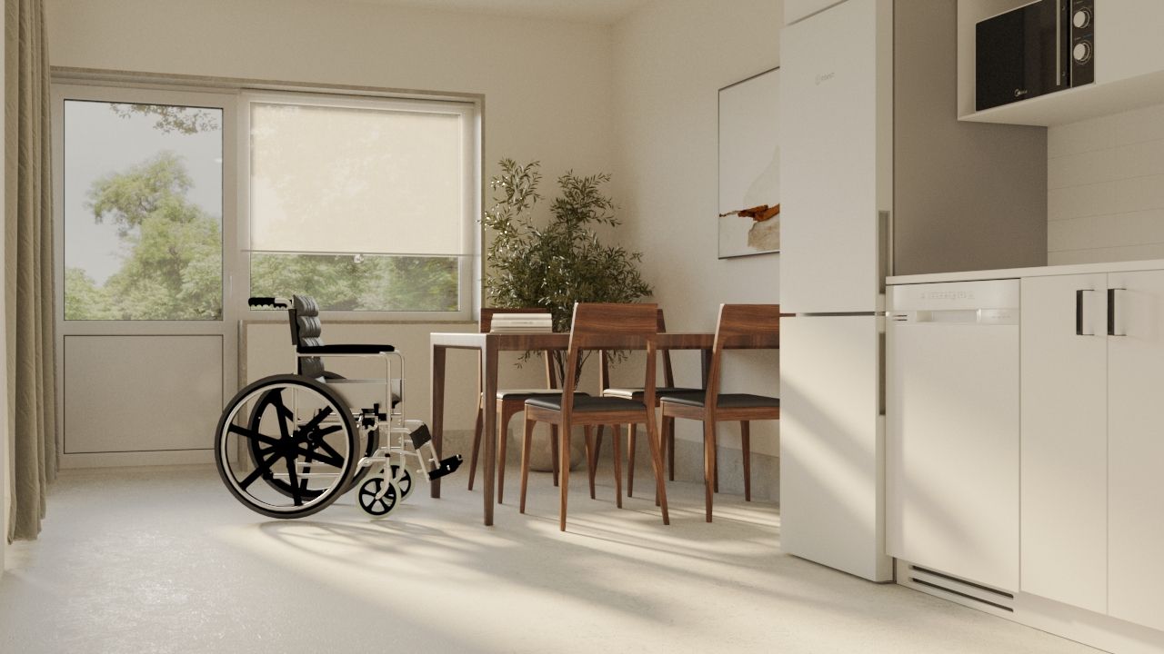 Matsal i LSS Nocken med rullstol vid matbordet och fönster mot gården.