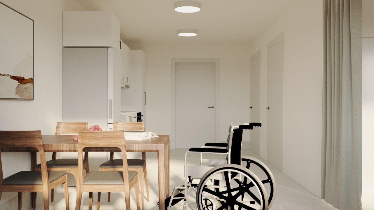 Interiör av LSS Nocken med matsal, rullstol och korridor i bakgrunden.