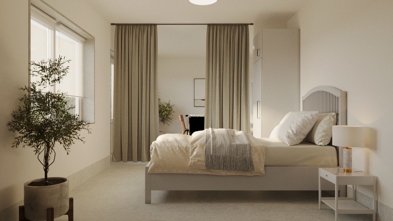 Sovrum i LSS Nocken med bäddad säng, gardiner och växt vid fönstret.