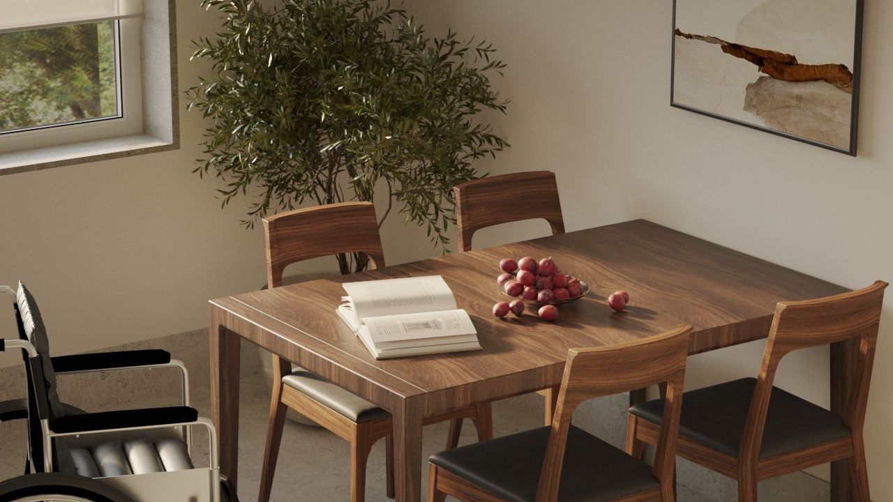 Matsal i LSS Nocken med träbord, stolar och grönskande växt som inredningsdetalj.