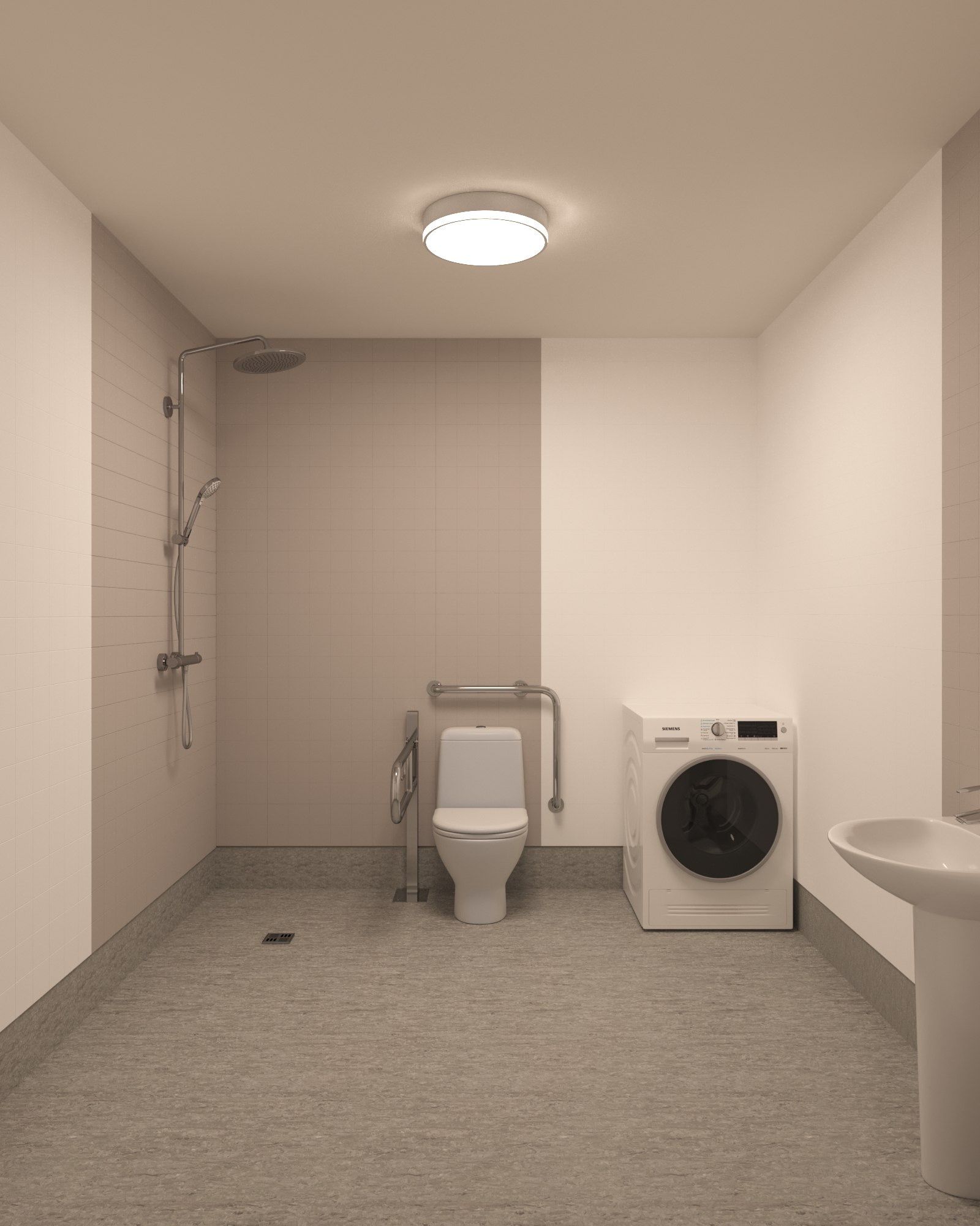 Kombinerat badrum och tvätt i LSS Nocken med dusch, toalett och tvättmaskin.