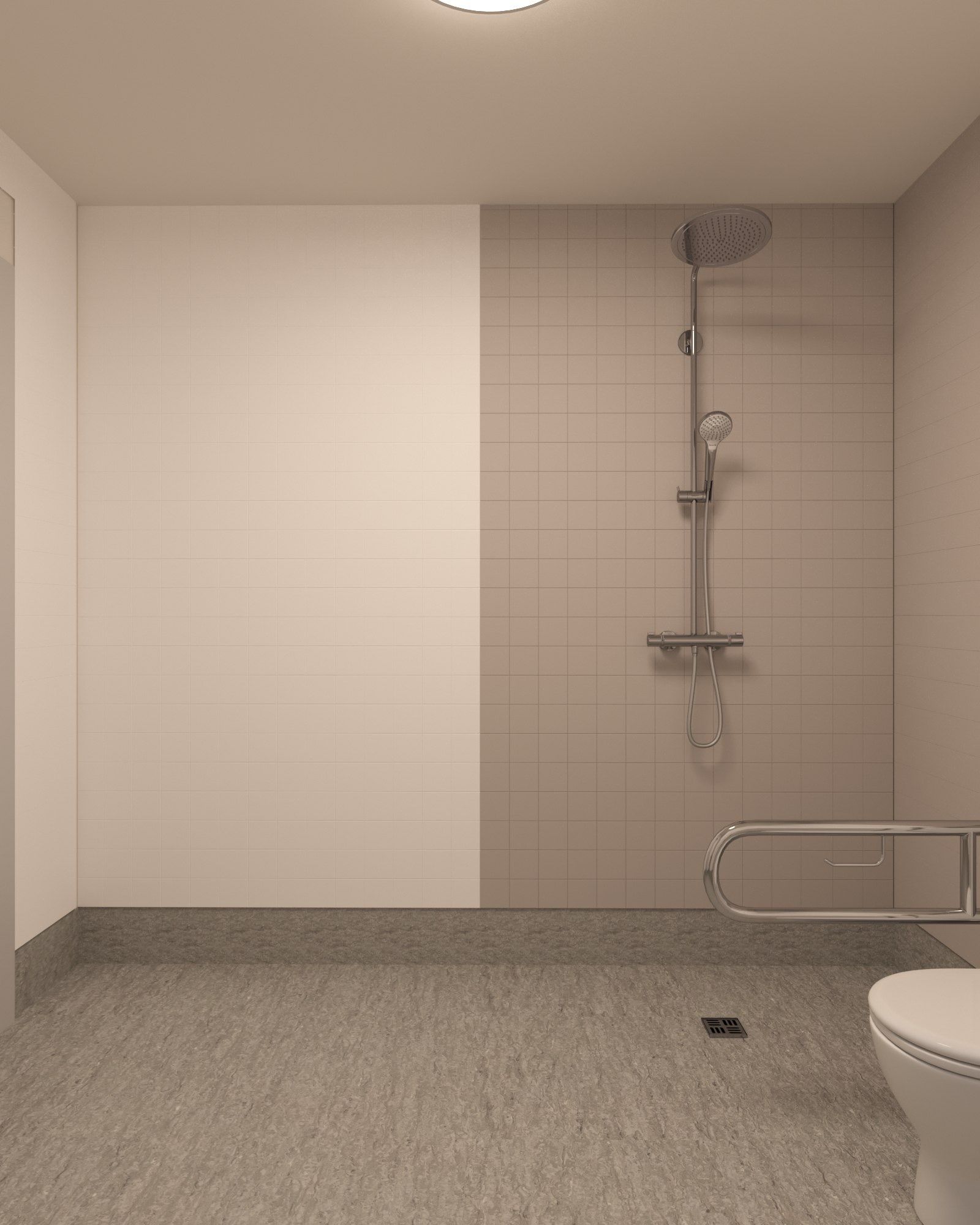 Tillgänglig dusch i LSS Nocken med väggmonterad dusch och säkerhetsstöd.