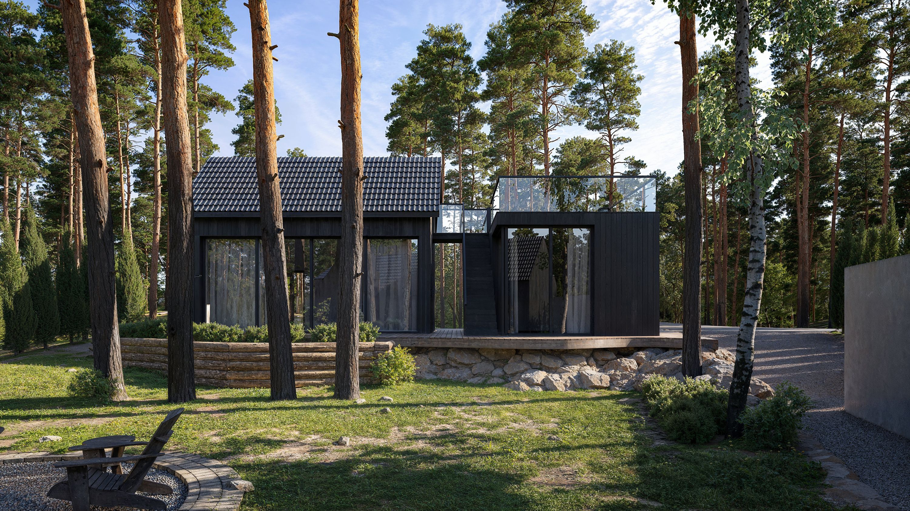 Rendering av Villa Cosmos placerad i skogsmiljö, med mörk fasad och stora glaspartier som smälter in mellan tallarna.