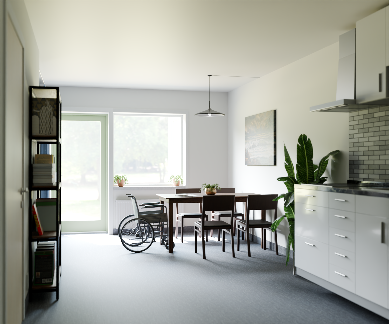 Tillgänglighetsanpassat kök och matplats med plats för rullstol.