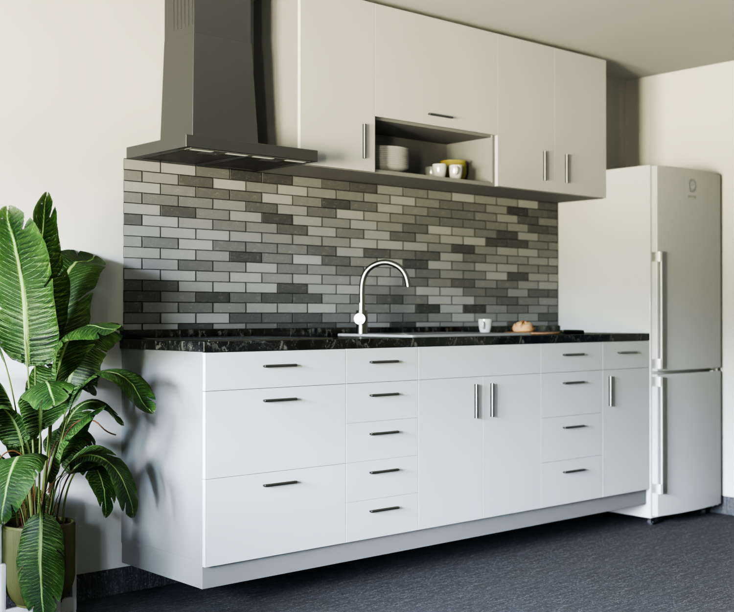 Modernt kök i LSS Tureberg med vit inredning och mörk stänkskyddsvägg.