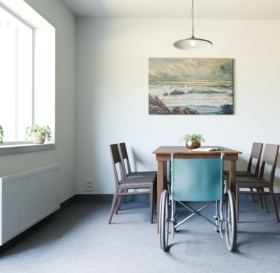 Matplats med fönsterutsikt och konst på väggen i LSS Tureberg.