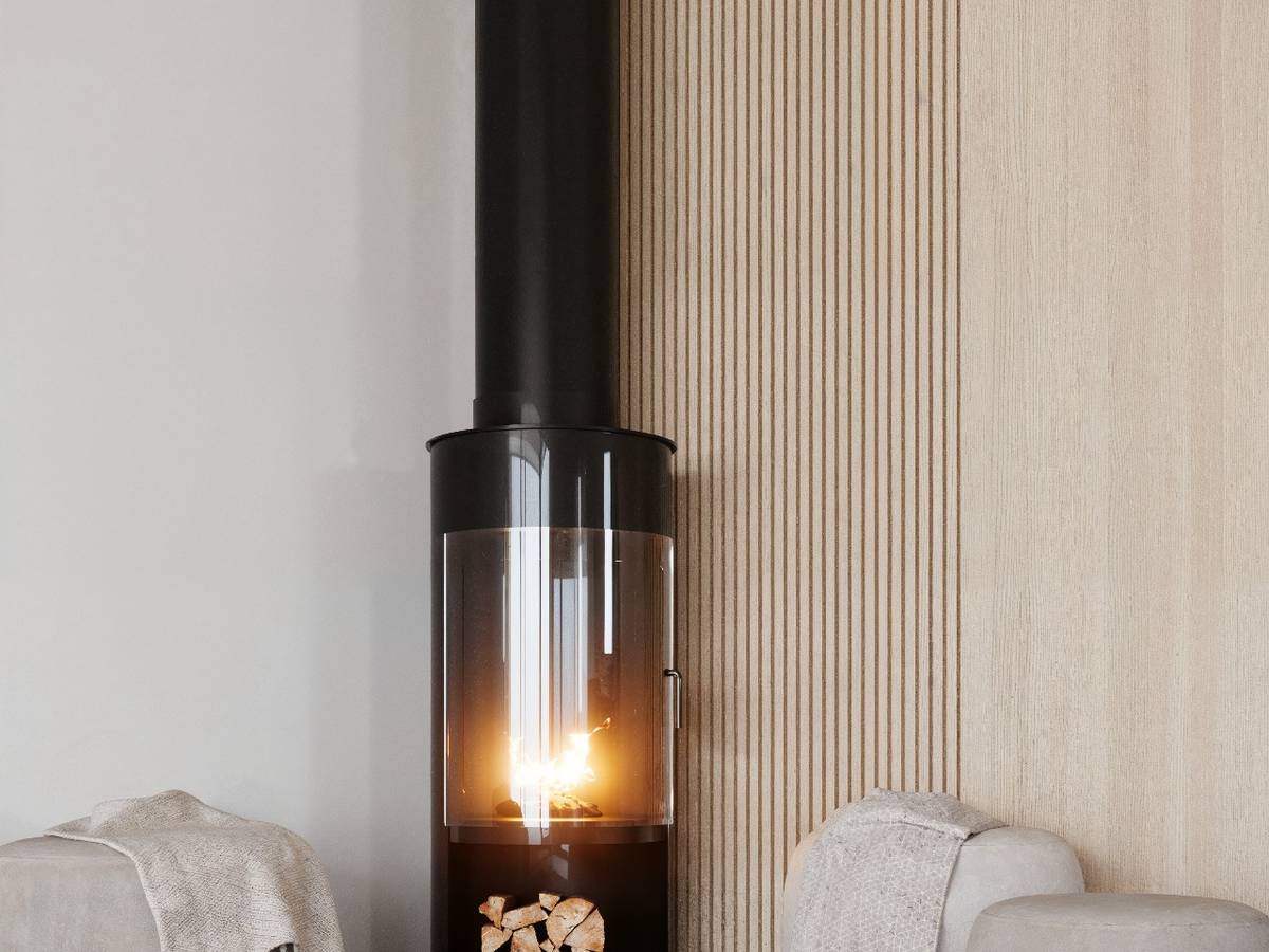 Interiörvisualisering som visar en modern, fristående braskamin i svart metall mot en bakgrund av ljus träpanel.