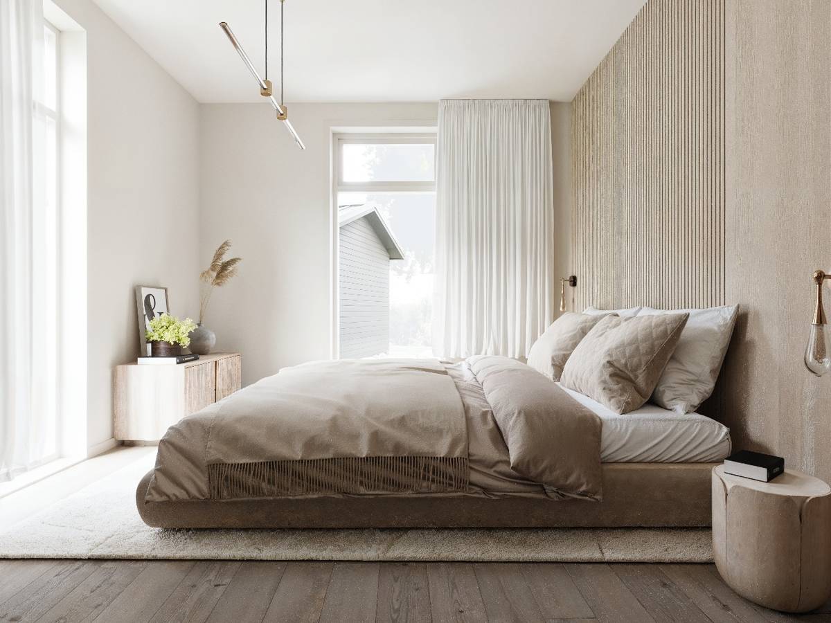 Fotorealistisk rendering av ett rofyllt sovrum med en sänggavelvägg i träpanel och ett mörkt trägolv. Stora fönster ger ett mjukt ljusinsläpp.